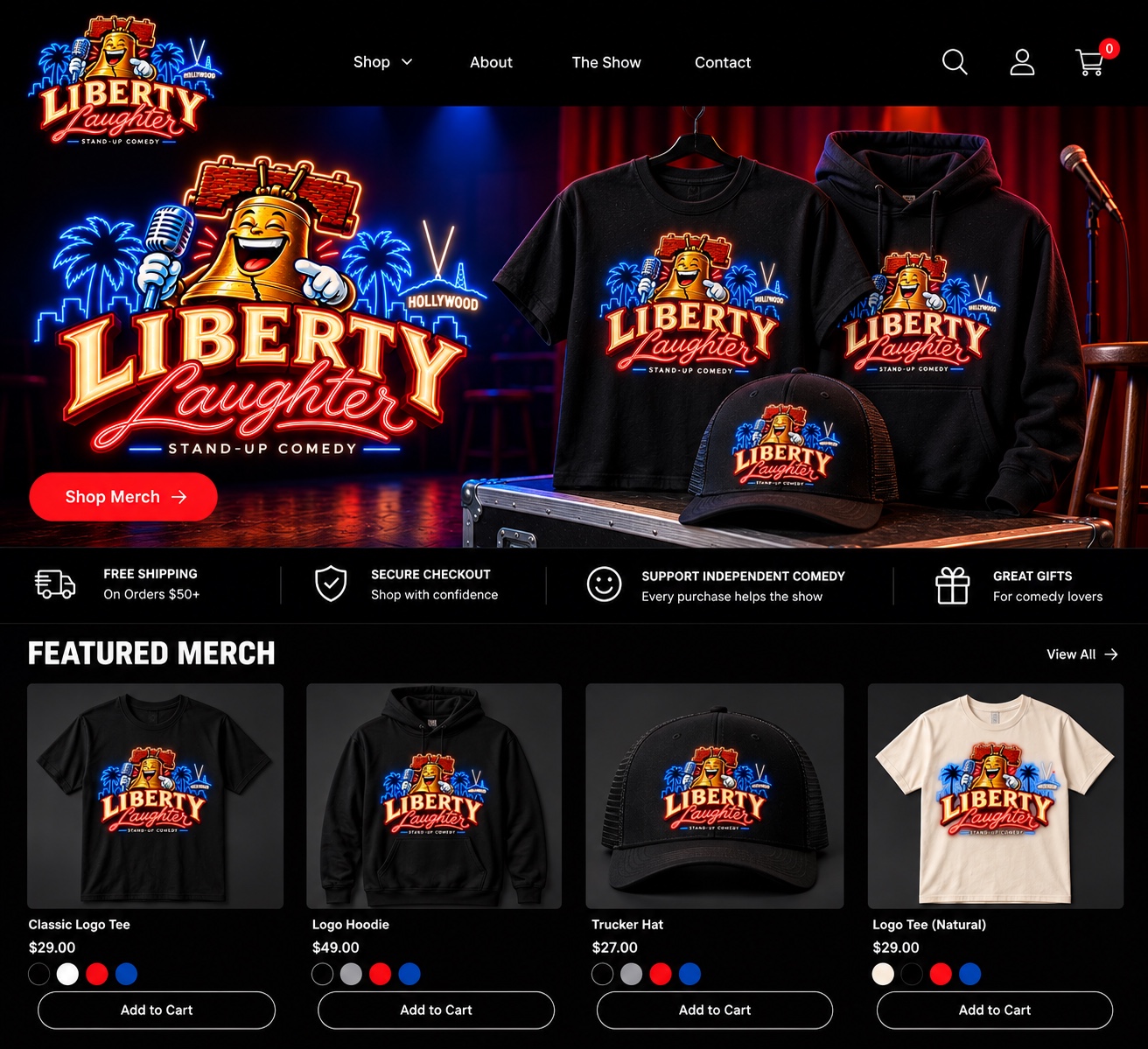 Preview of the Liberty Laughter merch shop