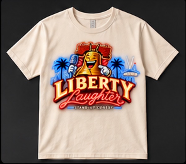 Liberty Laughter Natural Tee with the approved Liberty Laughter logo